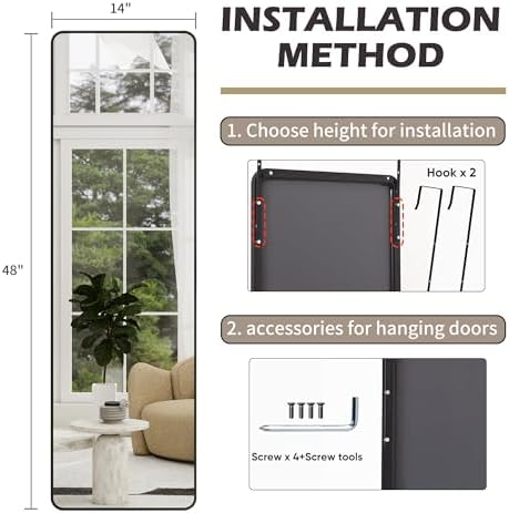 48"x 14" Full Length Door Mirror, Over the Door Mirror, Black - Image 7