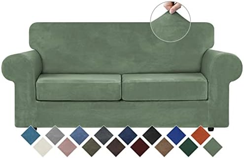 WEERRW Velvet Stretch 3 Pieces Couch Cover for Sofa Washable, Greyish Green by WEERRW