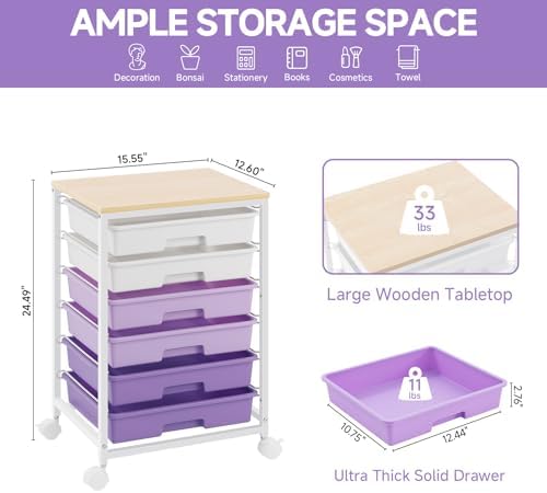Sykiariol Rolling Cart with 6 Drawers,Purple - Image 3