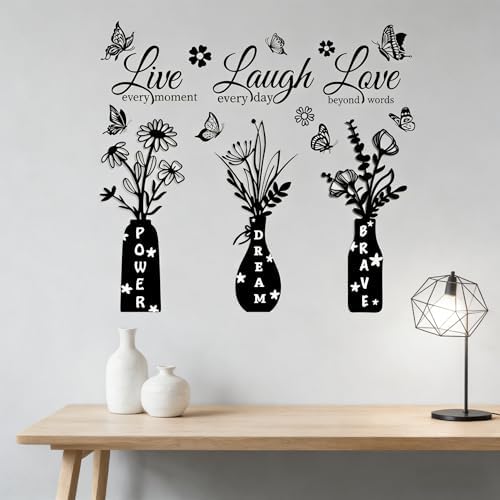 Live Laugh Love Wall Decal - Inspirational Quote with Floral Vase & Butterfly Stickers, Power Dream Brave Vinyl Wall Art for Living Room, Bedroom, Entryway, Home Decor - Image 3
