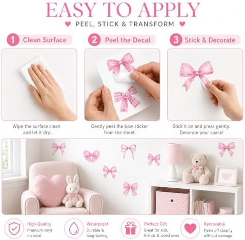 60Pcs Watercolor Bowtie Wall Stickers - Coquette Aesthetic Vinyl Decals for Room Decor in Light Pink, Sky Blue, Mint Green, Lavender Peel and Stick Nursery, Bedroom, Kindergarten Wall Art (Pink) - Image 4