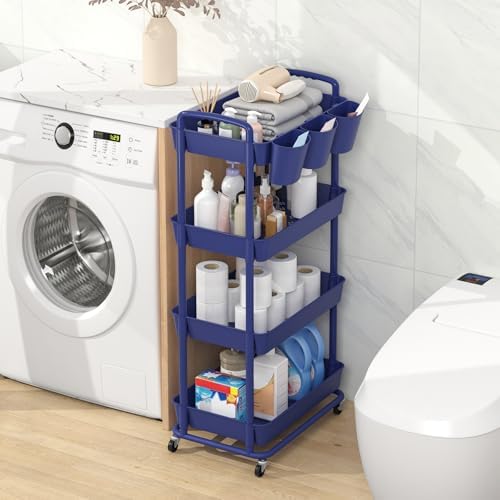 JIUYOTREE 4-Tier Plastic Rolling Storage Cart Utility Cart Blue - Image 3