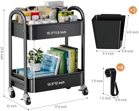 2 Tier Rolling Cart Metal on Wheels,Two Tiered Short Side Table with Wheels - Image 7