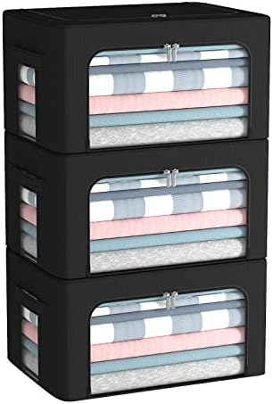 CYhom 3Pack Frame Storage Box - Clothes Storage Bin Bags Oxford Fabric Foldable Stackable Container Organizer Set with Clear Window & Carry Handles (Black, Small-22L) by CYhom