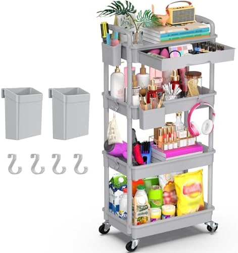 Goovilla 4 Tier Rolling Utility Cart Organizer with Removable Drawer, Grey by Goovilla