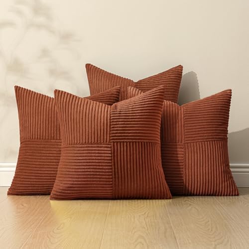 MIULEE Fall Boho Farmhouse Rust Decorative Throw Pillow Covers 20x20 Inch 4 Packs Soft Vintage Pillow Cases Modern Corduroy Patchwork Cushion Covers for Couch Sofa Bed Home Decor, Terracotta - Image 5