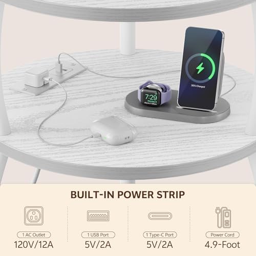Round Side Table with Charging Station, USB Type C Port, White - Image 5