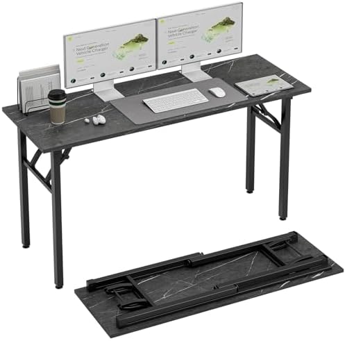 TEMI Small Computer Desk Folding Table - 55.1" Foldable Office Desk, No Assembly, Perfect for Small Spaces in Bedroom, or Apartment, Portable Mini Desk or Study Table Compact Design, Marble Greige by TEMI