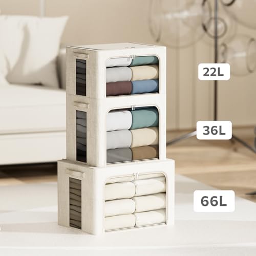 4 Pack Clothes Storage Bins with Metal Frame - 66L Stackable Storage Box with Lid，Foldable Storage Container Organizer for Clothes，Linen Fabric Storage Box with Clear Window＆Zippers＆Handles - Image 5