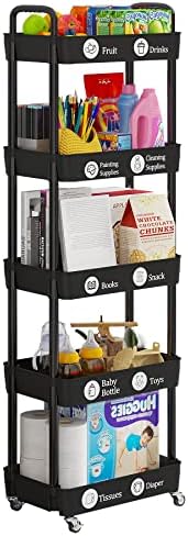 Laiensia Multifunction Utility Rolling Cart, 5-Tier Plastic & Metal Storage Organizer, Black, Lockable Wheels, Modern Style, Indoor Use - Image 3