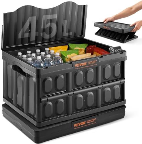 VEVOR 45L Collapsible Storage Bins with Lids 3 Packs, Stackable Utility Crates with Handles, Large Folding Containers for Organizing Tools, Snacks, Books, Food, Drinks, Camping & Transport by VEVOR