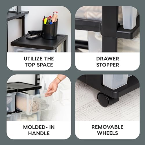 IRIS USA 3-Drawer Slim Narrow Storage Organizer Rolling Cart, Black/Clear - Image 3