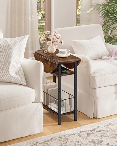 Folding Side Table with Charging Station, 3-Tier Narrow End Couch Table with Folding Top, Storage Basket, Round Side Table for Small Spaces, for Sofa Living Room, Bedroom, Rustic Brown TBZ10UBF - Image 2