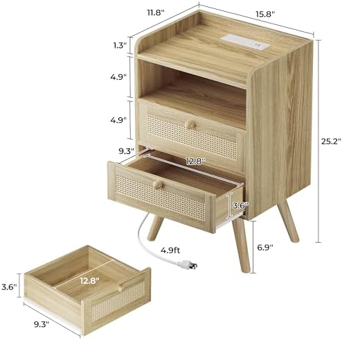 SUPERJARE Night Stand with Charger Station, Boho Rattan Nightstand Set of 2 - Image 3