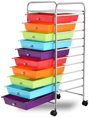 10-Drawer Rolling Storage Cart, Trolley w/Lockable 360° Wheels, 10 Removable PP Drawers, Sturdy Metal Frame, Rolling Utility Cart Perfect for Home, Office, Classroom (Multi-Colored) by BUYNOW