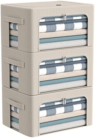 3Pack Frame Storage Box - Clothes Storage Bin Bags Oxford Fabric Foldable Stackable Container Organizer Set with Clear Window & Carry Handles Large Capacity (Beige, Small-22L) by CYhom