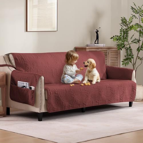 Soft Quilted Couch Cover with Pockets for Extra-Large Sofa, Anti-Slip Sofa Covers Washable for 3 Cushion Pet Friendly, Oversized Sofa Cover Water-Repellent (X-Large Sofa 78", Red) by Pamhaven