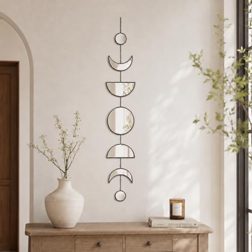 7 Pcs Moon Phase Wall Decor, Acrylic Mirror with Wooden Backboard, Boho Hanging Moon Cycle Wall Art for Bedroom Living Room Home Decor by HMANGE