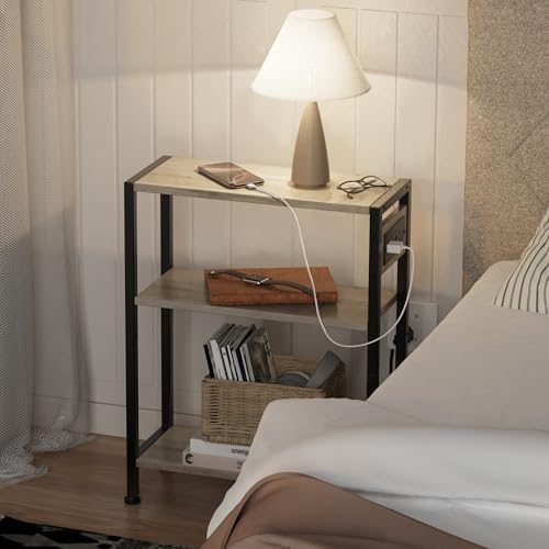 End Table with Charging Station, 3-Tier Side Table for Small Space, Skinny Nightstand with USB/Type C Port and 2 Outlets, Slim Sofa Beside Table for Living Room, Bedroom and Balcony, Greige - Image 5
