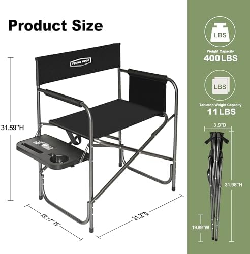 YOUNG WOOD Camping Directors Chair, Lightweight Oversized Portable Folding Chair with Side Table and Storage Pockets for Outdoor Camping, Lawn, Picnic and Fishing, Supports 400lbs (Black) - Image 2
