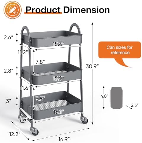 NEWBULIG 3-Tier Metal Rolling Storage Utility Cart with Lockable Wheels - Image 4