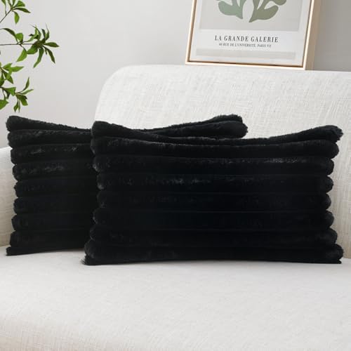 MIULEE Faux Fur Lumbar Decorative Throw Pillow Covers 12x20 Set of 2 Black by MIULEE