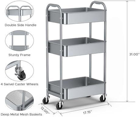 MAX Houser 3-Tier Rolling Utility Cart with Caster Wheels,Easy Assembly, for Kitchen, Bathroom (Silvery-Grey) (Pack of 3) - Image 2