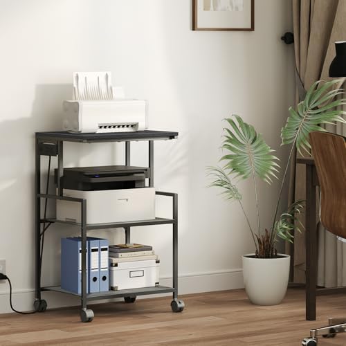 MAHANCRIS Mobile Printer Stand, 3-Tier Industrial Printer Cart with Power Outlets and 2 USB Ports, Rolling Printer Table on Wheels for Home Offices Kitchen Organization Rack, Black PTHB78E01 - Image 2