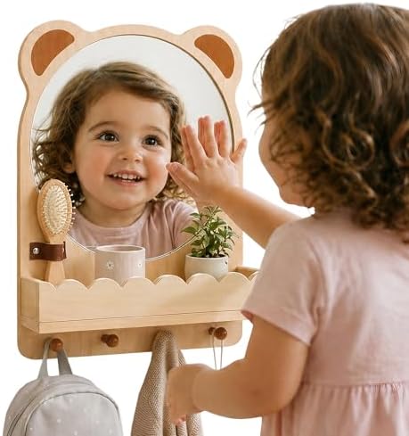 Montessori Mirror with Hooks and Shelf, Toddler Self-Care Station with Sensory Mirror, Nursery Wooden/Acrylic Child Safe Wall Mirror for Kids Playroom, Bathroom, Bedroom, Living Room, Entryway by STEPLAY