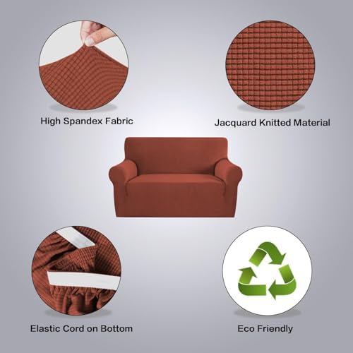 H.VERSAILTEX Stretch Couch Cover Loveseat Covers for 2 Cushion Couch Slipcover|Sofa Cover for Loveseat 1 Piece with Elastic Bottom, Checked Jacquard Fabric(58'-70' Wide, Rust) - Image 6