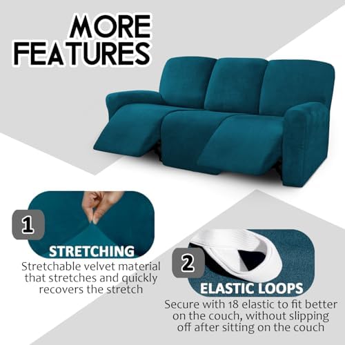 ULTICOR Velvet 8-Pieces Recliner Sofa Covers Stretch Reclining Couch Covers for 3 Cushion Reclining Sofa Slipcovers Furniture Covers Thick Soft Washable (3 Seater Recliner Cover, Deep Teal) - Image 4