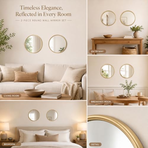 12"x12" Round Decorative Wall Mirror, 2 Pack Metal Framed Real Glass Mirror, Aesthetic Rounded Shape Vanity Mirror for Bedroom, Living Room, Gold Accent Home Decor - Image 7