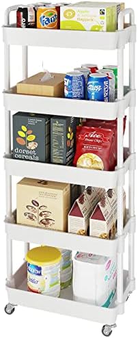 Laiensia 5-Tier Rolling Cart with Wheels,Multifunction Utility Storage Carts, Kitchen Storage Organizer,Mobile Shelving Unit for Bathroom,Laundry,with Classified Stickers,White by Laiensia