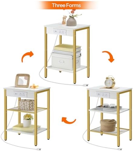 HOOBRO Side Table with Charging Station and USB Port, Small End Table for Small Space, 3-Tier Nightstand with Adjustable Shelf, for Living Room, Bedroom, White and Gold DW112BZ01G1 - Image 6