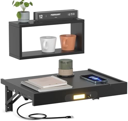 TEAMIX Floating Nightstand with Charging Station, Wall Mounted Folding Bedside Shelf Combo Nightstand with Led Light USB Type C Ports, Space Saving Bed Side Tray Storage for Bedroom, Living Room, Dorm by TEAMIX