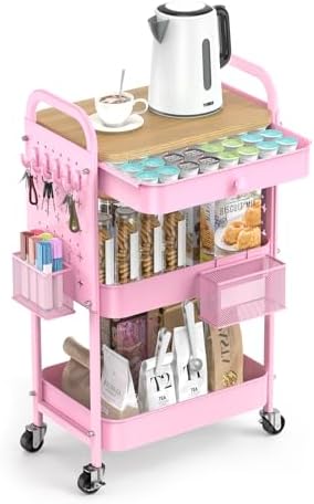 ALVOROG 3 Tier Metal Rolling Cart with Drawer,Wood Top,Pegboards,Pink by ALVOROG