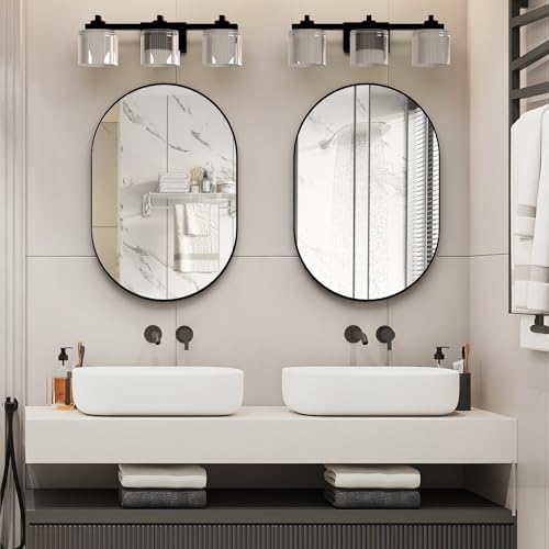 2 Piece Oval Bathroom Mirror Capsule Wall Vanity Mirror, 20"x30" Pill Mirrors Wall Mounted Mirror, Large Modern Mirror with Black Metal Frame, Decor for Entryway, Bedroom, Living Room by NEUWEABY