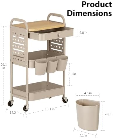 ALVOROG 3 Tier Metal Rolling Cart with Drawer,Wood Top,Pegboards,Khaki - Image 5