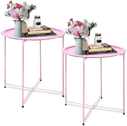 Garden 4 you End Table 2 PCS Metal Side Table Pink Round Folding Tray Cyan Sofa Small Accent Fold-able Table, Round End Table Tray, Next to Sofa Table, Snack Table for Living Room and Bed Room by Garden4you