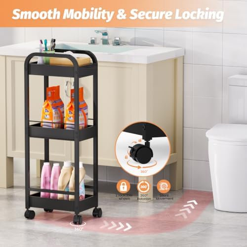 Expandable 3-Tier Metal Slim Rolling Storage Cart with Wheels - Image 3