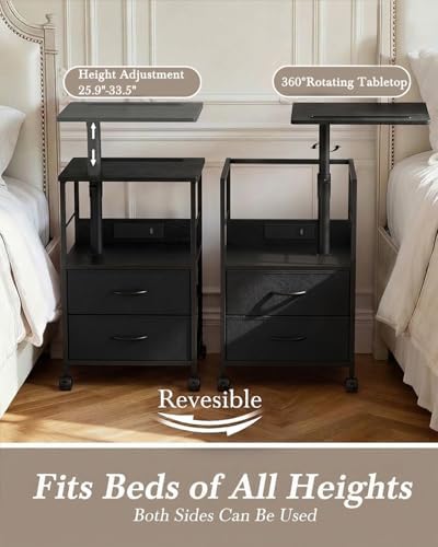 Faesun Swivel Lift Top Nightstand with Charging Station, Rolling Side Table for Recliner, Bedside Table with Wheels & 2 Fabric Drawers, for Small Spaces, for Bedroom, Living Room, Black - Image 3