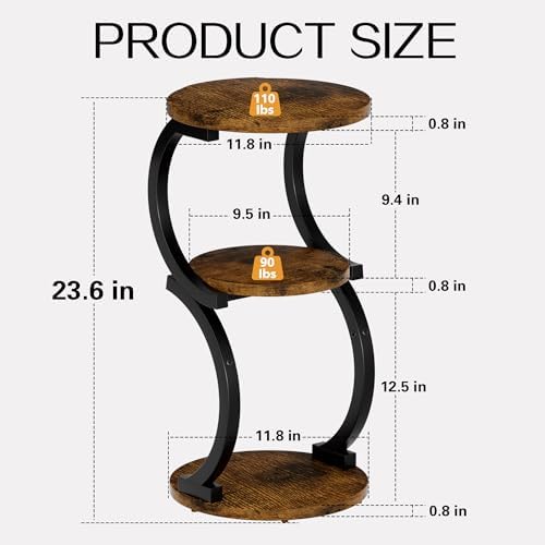 Small Side Table, 3-Tier Round End Table for Small Spaces, Rustic Brown - Image 3