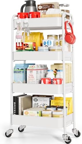 TOOLF 4 Tier Metal Rolling Cart, Utility Storage Cart with Wheels, White | Screwless Assembly, Lockable Metal Wheels, Trolley Organizer for Bathroom, Kitchen, Office, Dorm, Laundry, Craft Room by TOOLF