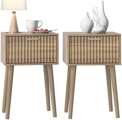 LAATOOREE Nightstands Set of 2, Small Bed Side Table with Fluted Door by LAATOOREE