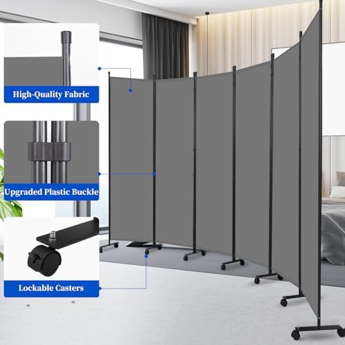 Room Divider 6FT 6 Panel Folding Room Partition with Lockable Wheels,Grey - Image 6