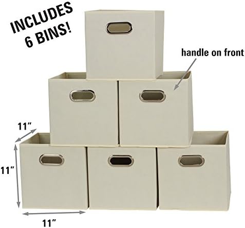 Fabric Storage Bins 6 Piece Set, Strong Poly-Woven Fabric, Sturdy Chipboard Sides, Grommet Front Handle, Stackable and Foldable, Classic Design, Cream - Image 2