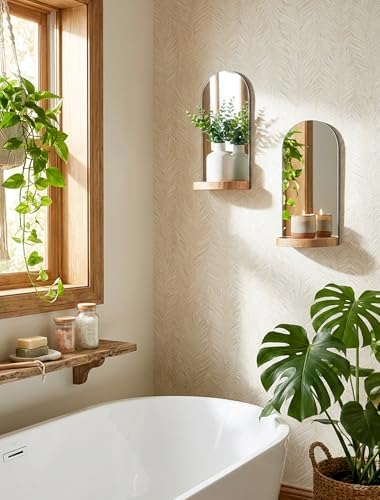 Arch Mirror Wall Candle Holder Set of 2 with Natural Wood Shelf - Image 6