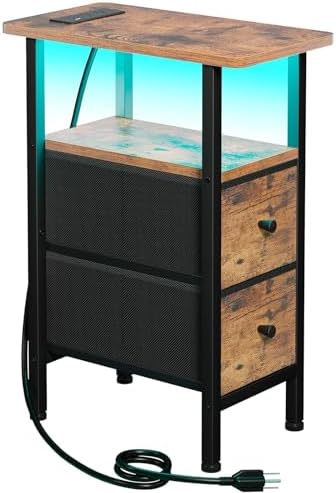 LOAKEKEL Narrow End Table with Charging Station, Small Nightstand by LOAKEKEL