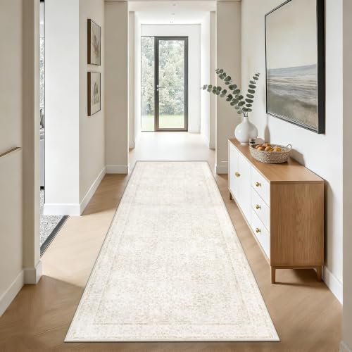 2x8 Hallway Runner Rug: Washable Vintage Floral Entryway Rugs Low Pile Non-Slip Boho Carpet for Kitchen, Bedroom, Bathroom, Dining Room (FloralBeige, 2'x8') by LOSBULAKE