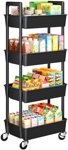 Pipishell 4-Tier Rolling Cart, Plastic Cart with Lockable Wheels & Reinforced Handle, Lightweight Utility Storage for Nursery, Bathroom, Craft Room, Black by Pipishell